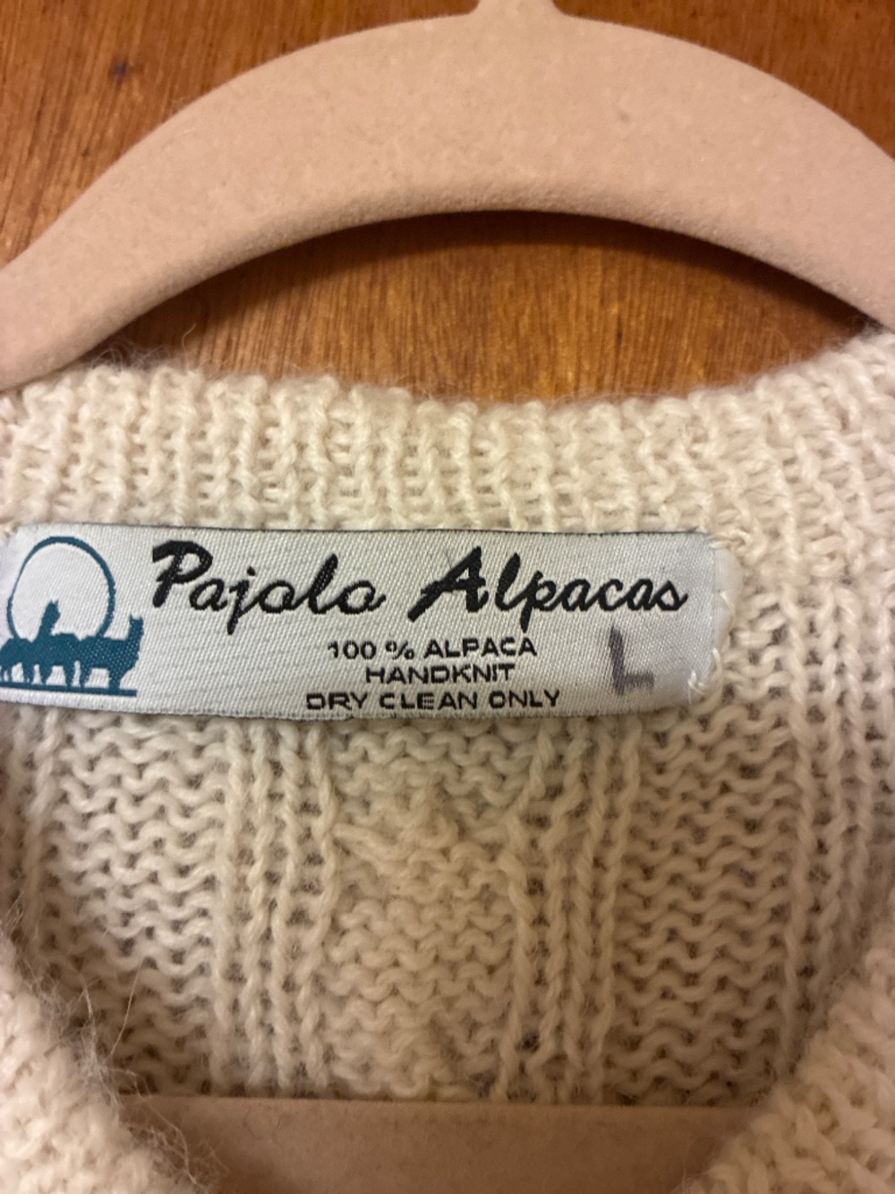 Hand knit 100% Alpaca Pajala Alpacas Crew Cable knit Sweater Fisherman Vintage - Picture 2 of 3